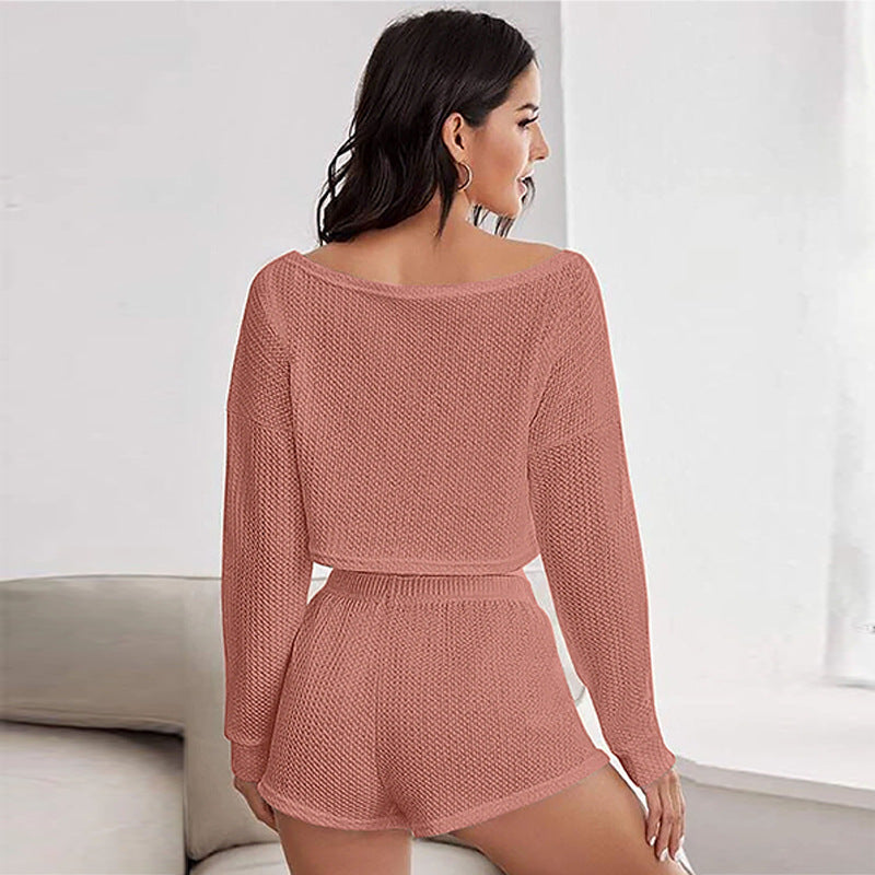 Pajamas Off-shoulder Top Shorts Breathable Waffle Casual Homewear Suit Women Clothing Zimivas