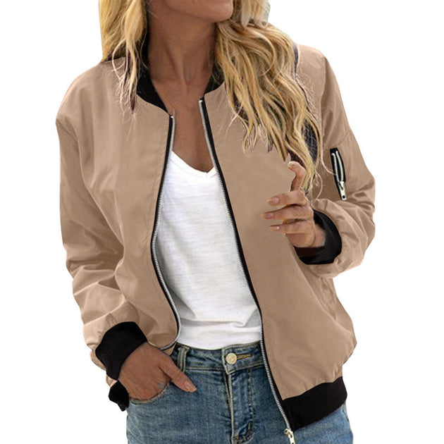 Women's Fashion Zipper Baseball Uniform Khaki Women Clothing Zimivas