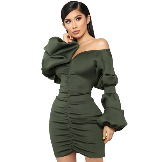 Slim Puff Sleeve One-shoulder V-Neck Dress Green 0 Zimivas