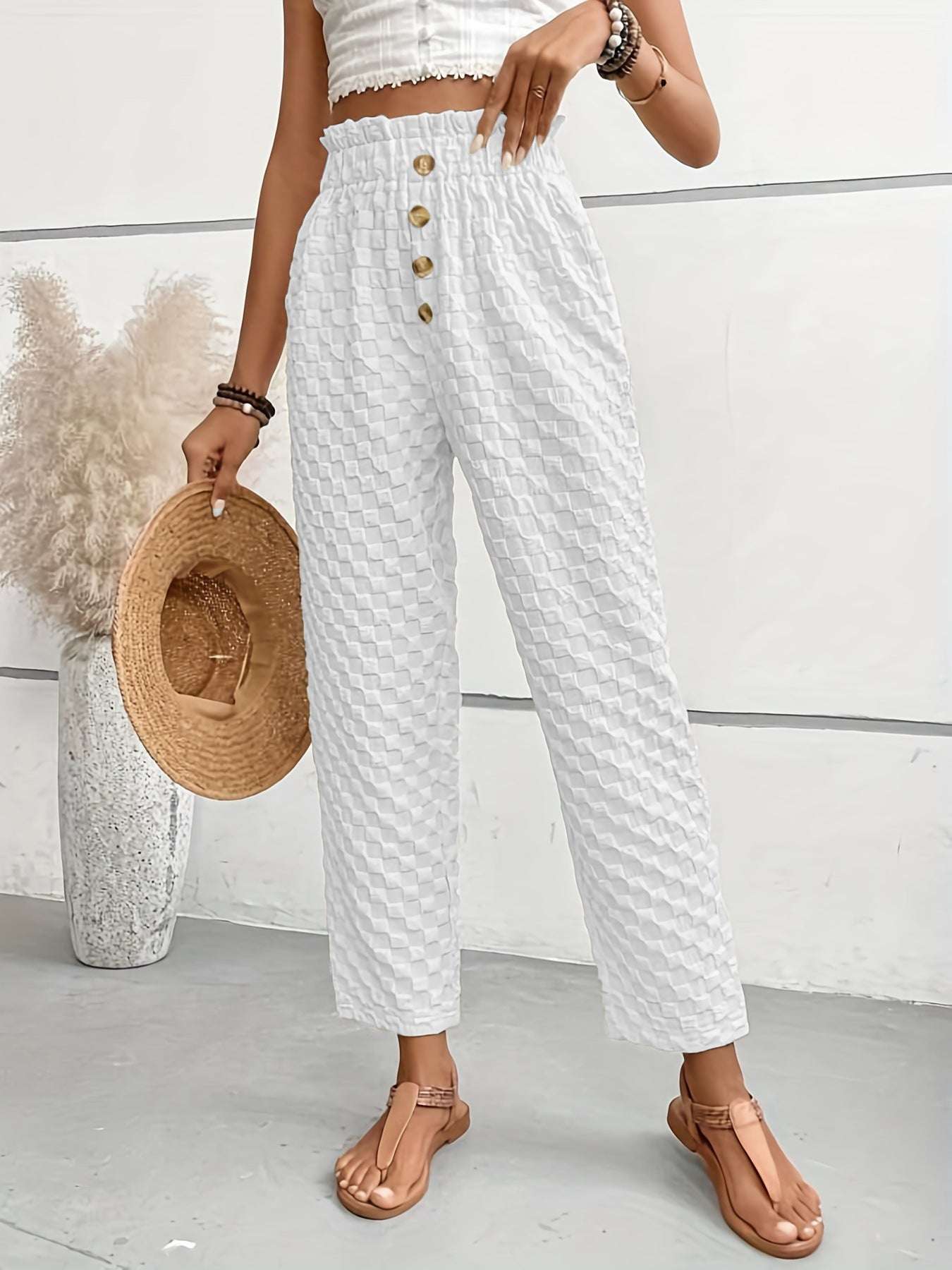 Women's Slim-fit Buttoned Straight Loose Trousers White Women Clothing Zimivas