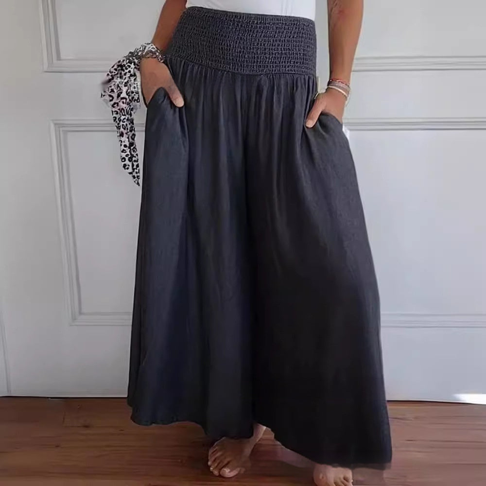 Casual High Waist Smocking Wide Leg With Pockets Denim Women's Pants 0 null