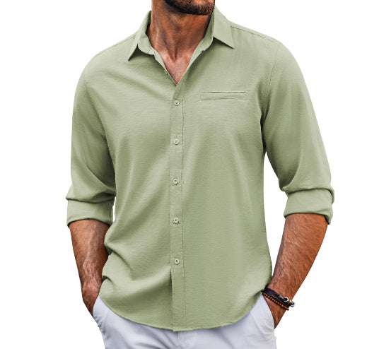 Men Button Down Linen Shirts Casual Long Sleeve Regular Fit Cotton Beach Shirts Pocket Lace Polo Collar Matcha color Men Clothing Zimivas