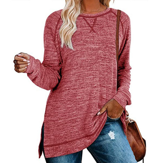 Women's Long Sleeve Loose Casual Fall Pullover Solid Color Top Red Women Clothing Zimivas