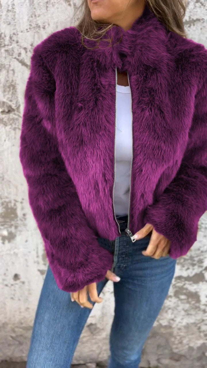 Fashion Stand Collar Plush Jacket Winter Casual Turtleneck Zipper Coat Fleece Tops Women's Clothing Purple Women Clothing Zimivas