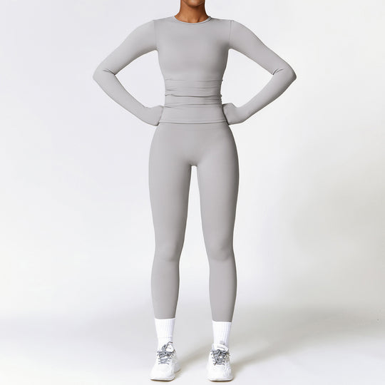 Tight-fitting Brushed Yoga Suit Quick-drying Fitness Clothes Fitness Long Sleeve Tracksuits Sports Suit Gym Top High Waist Leggings Women Sets Yoga Set Grey Women Clothing Zimivas