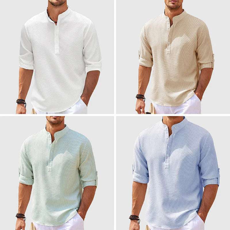 Men's Casual Shirt Long Sleeve Stand Collar Solid Color Shirt Mens Clothing 4color Set men clothing Zimivas