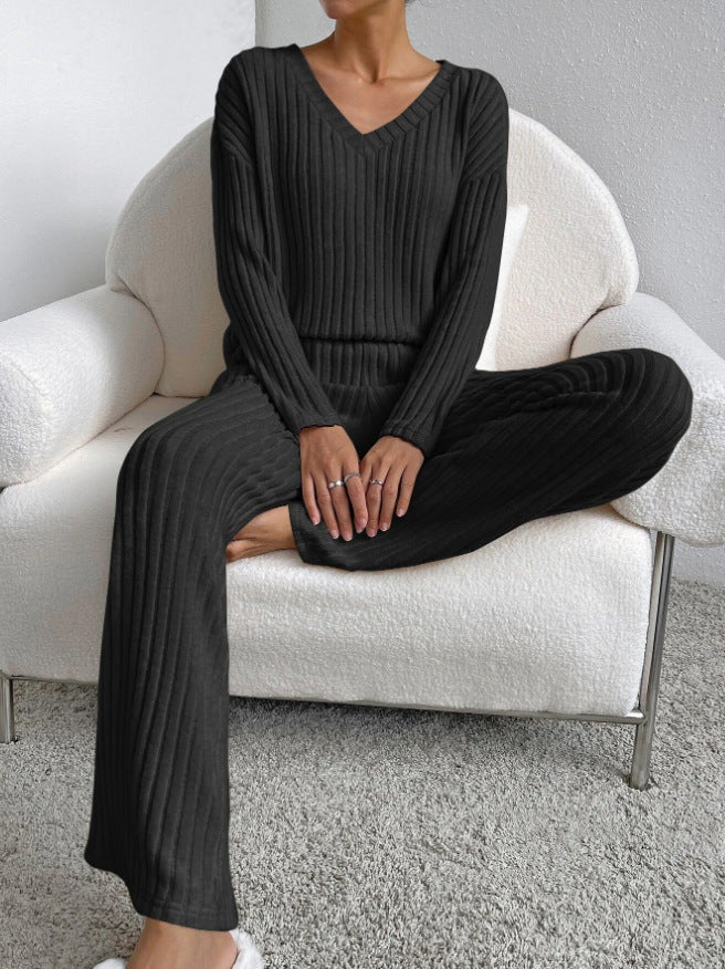 Fashion Solid Striped Suit V-neck Long-sleeved Top And Casual Straight Pants Loose Temperament Women's Clothing 4 null