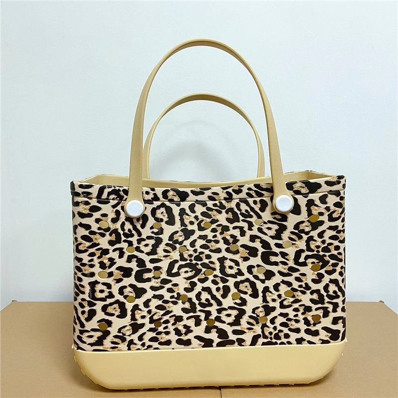 Dongdong Beach Storage Bag Handbag Printed EVA Outdoor Basket Pet Bag Khaki leopard print Medium size (38 * 32 * 13) eprolo