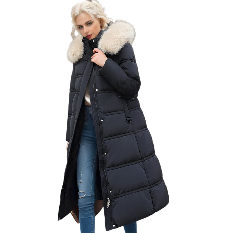 Winter Slim Long Jacket With Fur Hood And Belt Fashion Solid Hooded Coat Warm Clothing For Women 0 null