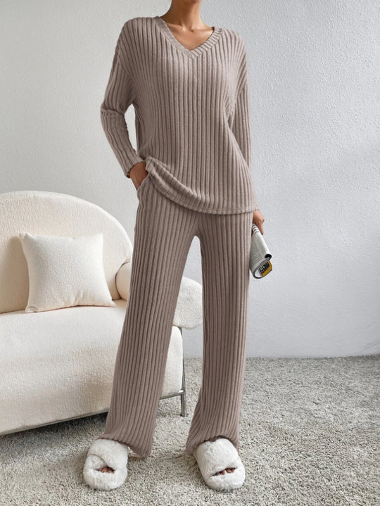 Fashion Solid Striped Suit V-neck Long-sleeved Top And Casual Straight Pants Loose Temperament Women's Clothing Dark Khaki 4 null