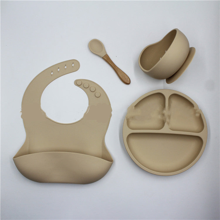 Bib Dinner Plate Spoon Bowl 4 Piece Set Silicone Baby Bowl Bib Plate Set Khaki kids & baby Zimivas