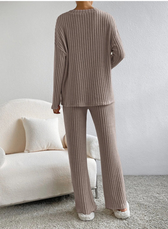 Fashion Solid Striped Suit V-neck Long-sleeved Top And Casual Straight Pants Loose Temperament Women's Clothing 4 null