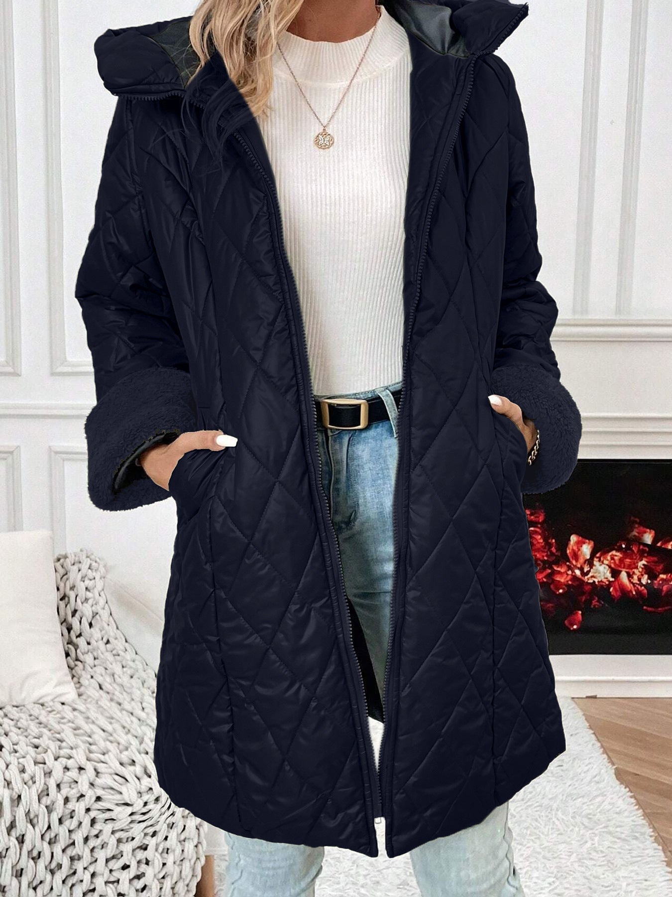 women Coats & Jackets Pure Color Cotton Clothing Hooded Quilted Down Jacket Winter Fashion Wrap Coat Long Sleeve Padded Puffer Outerwear with Pockets Dark Blue Women Clothing Zimivas