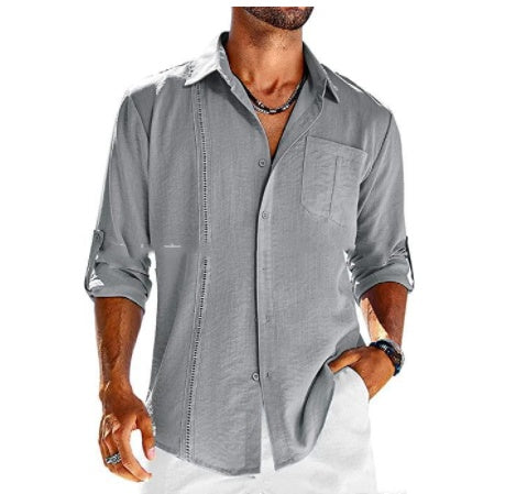 Men Button Down Linen Shirts Casual Long Sleeve Regular Fit Cotton Beach Shirts Pocket Lace Polo Collar Gray Men Clothing Zimivas