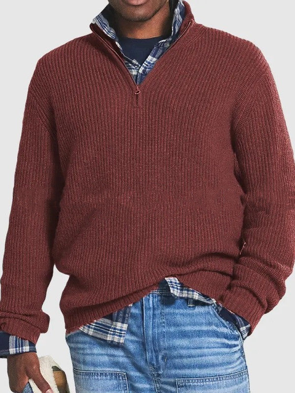 Men's Business Casual Loose Zip Stand Collar Sweater Red Men Clothing Zimivas