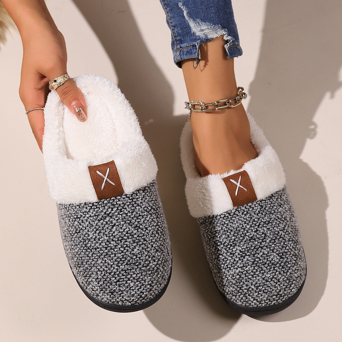 Winter Plush Slippers Fashion Thick Bottom Warm House Shoes For Women Men Indoor Floor Slipper Light gray 4 Zimivas