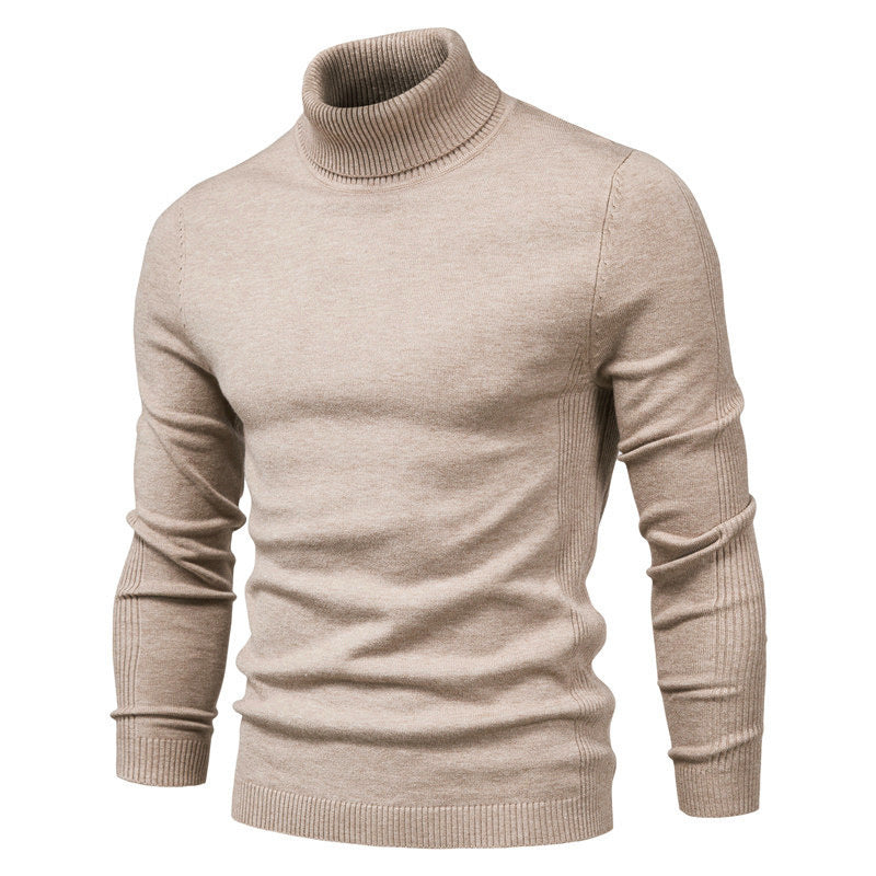 Men's Solid Color Slim Pullover Turtleneck Sweater Winter Casual Tops Clothing Khaki Men Clothing Zimivas