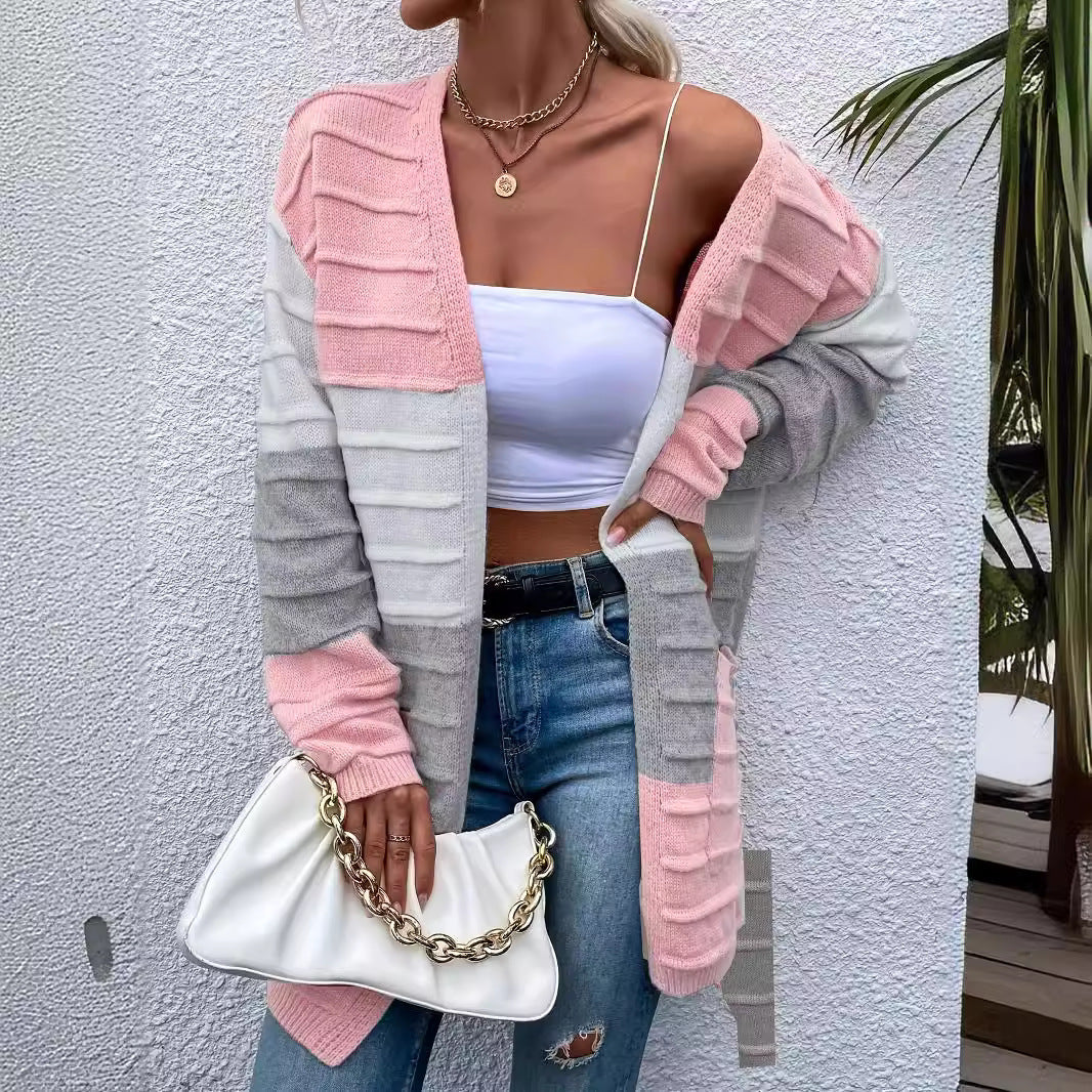 Women's Sweater Jacket with Big Pockets Autumn and Winter Long Striped Color Matching Cardigan Women Clothing Zimivas