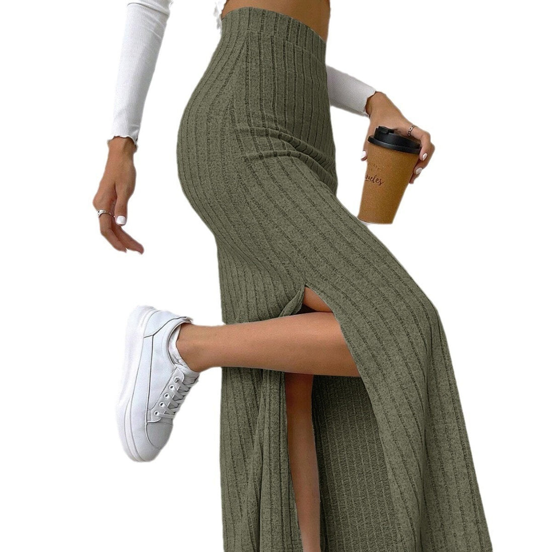 Spring/Summer New High Waist Side Split Slim Fit Knitted Skirt for Women Military Green eprolo