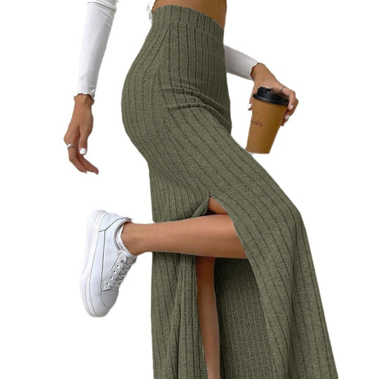 Spring/Summer New High Waist Side Split Slim Fit Knitted Skirt for Women Military Green eprolo