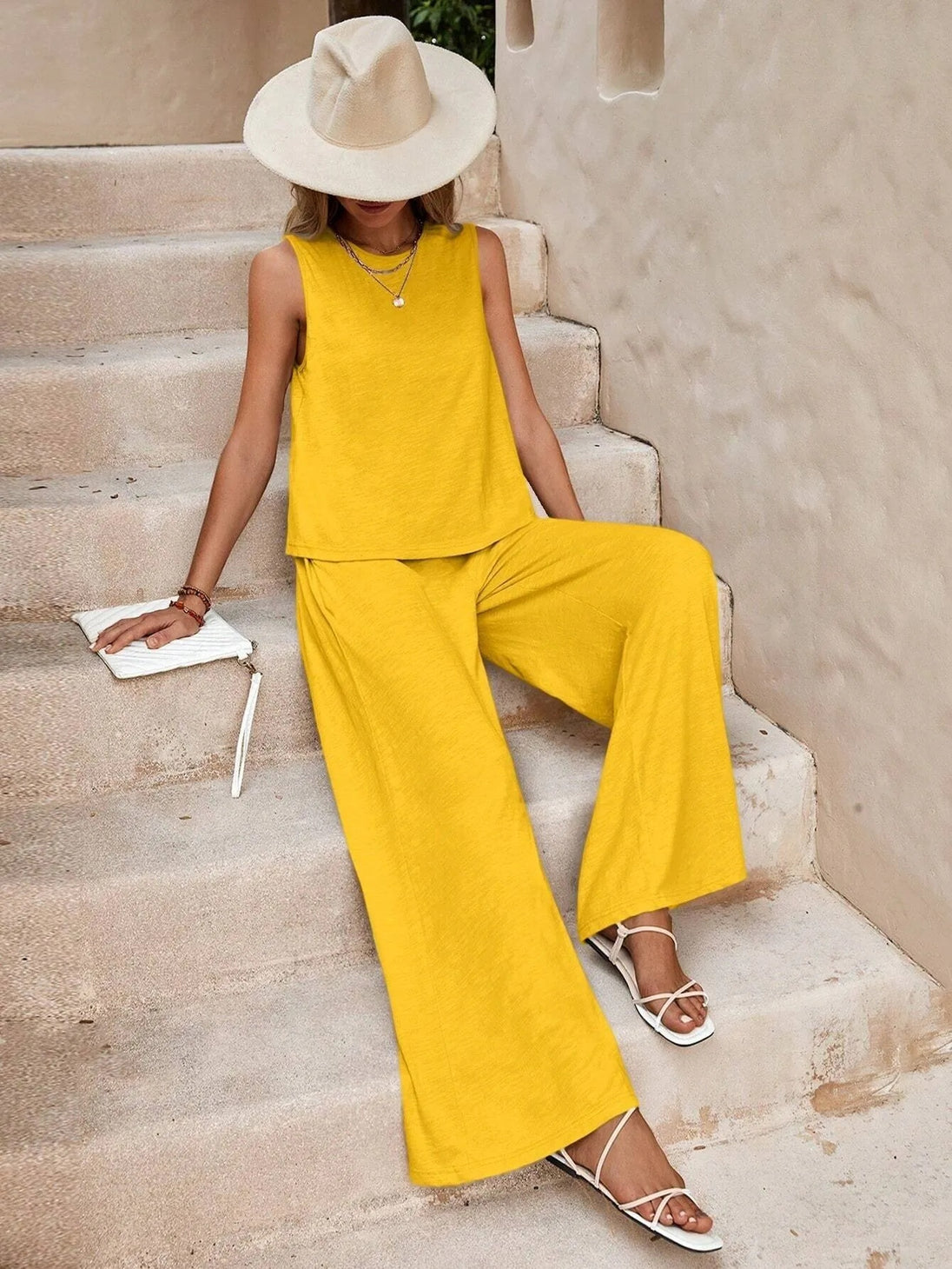 Solid Color Casual Loose Pants Sets For Women Elegant Spring Summer Women's Two Pieces Suit Full Trouser Set Female Outfit Clothes Yellow 0 null