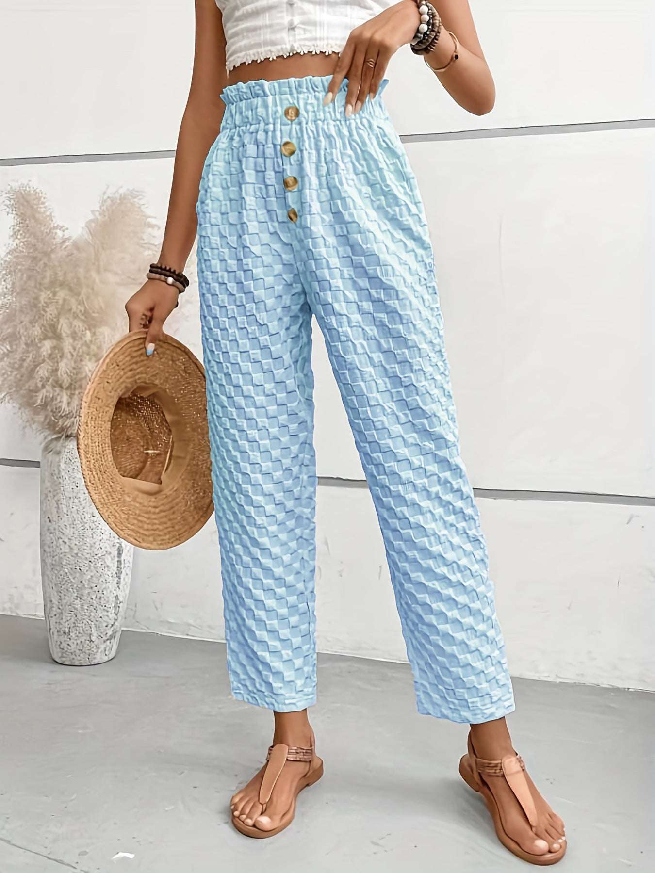 Women's Slim-fit Buttoned Straight Loose Trousers Sky Blue Women Clothing Zimivas