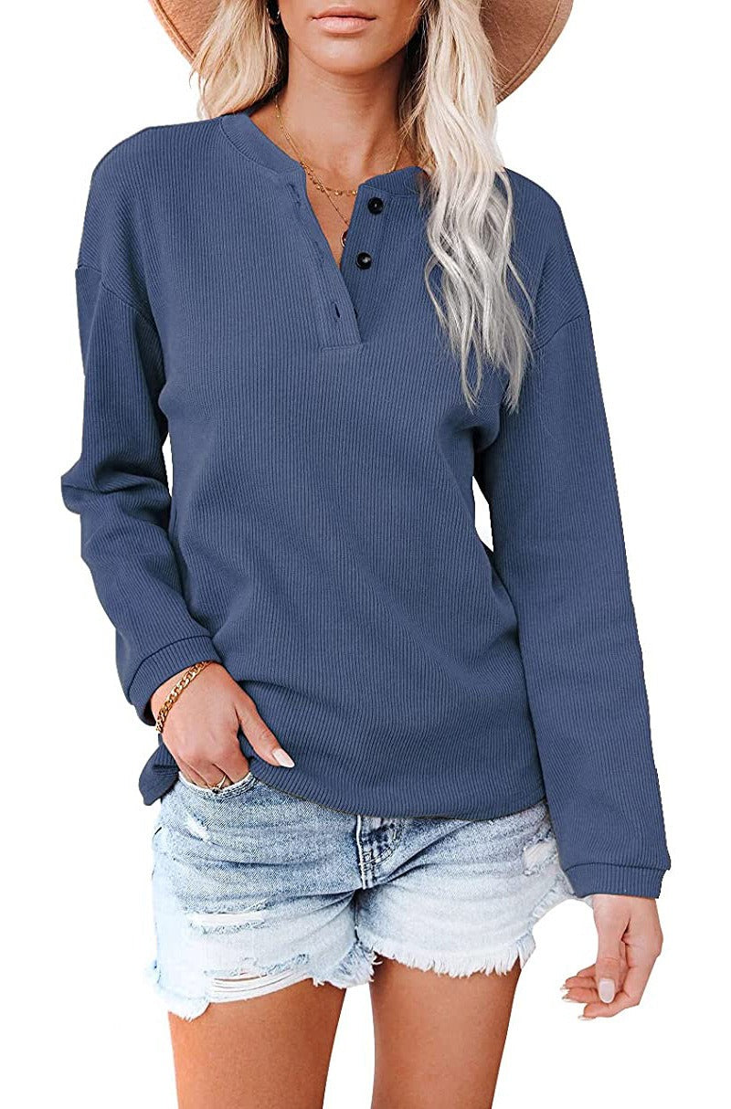 V-neck solid color long sleeved top T-shirt for women blue eprolo