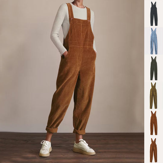 Corduroy Bib Overalls With Buttons And Pockets Fashion Casual Jumpsuit Loose Straight Pnats For Women 0 null