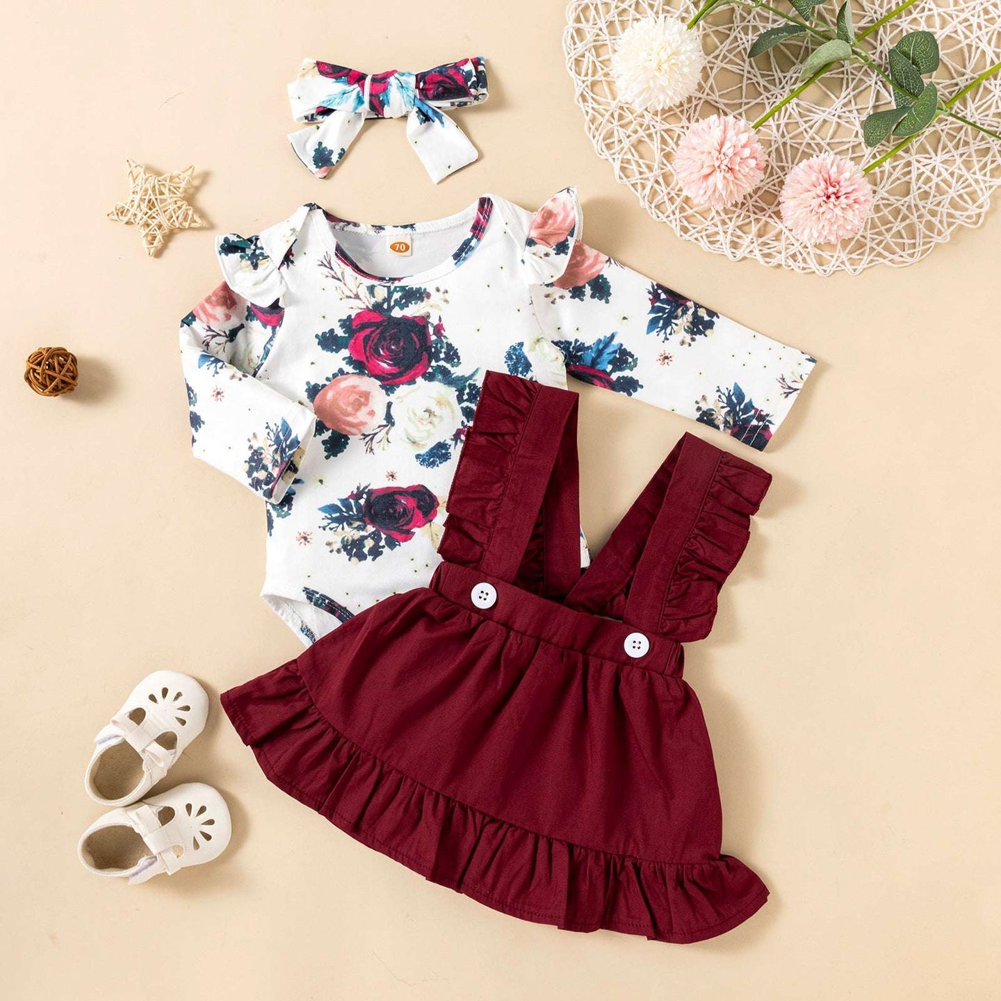 Printed Long-sleeved Baby Girl Romper Two-color Strap Ruffled Dress Headdress Three Pieces Wine Red kids & baby Zimivas