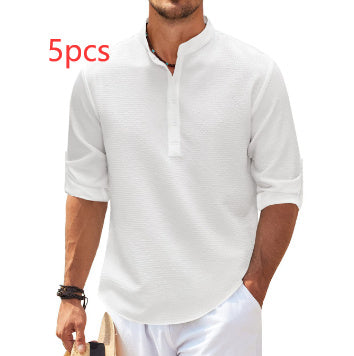 Men's Casual Shirt Long Sleeve Stand Collar Solid Color Shirt Mens Clothing White 5pcs S men clothing Zimivas