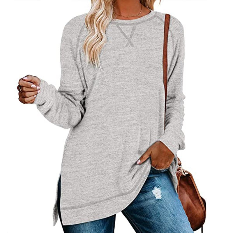 Women's Long Sleeve Loose Casual Fall Pullover Solid Color Top Light grey Women Clothing Zimivas