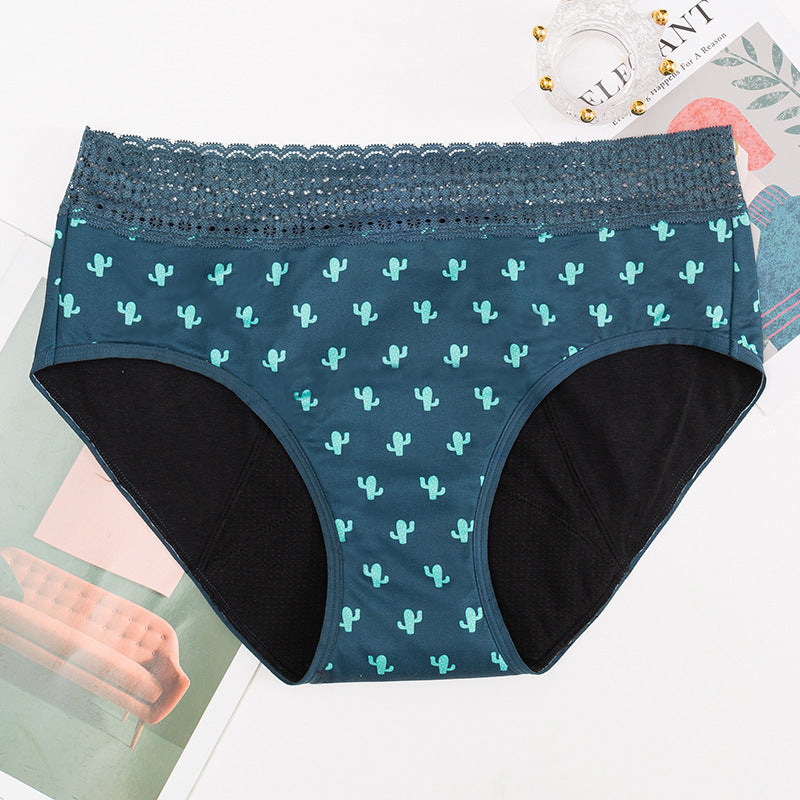 Four-layer Physiological Pants Antibacterial Bottom Gear Briefs Cactus print 1PC women underwear null