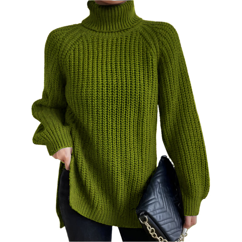 Turtleneck Pullover Sweater With Split Design Fashion Simple Solid Color Long Sleeve Tops Women's Clothing Green Women Clothing Zimivas