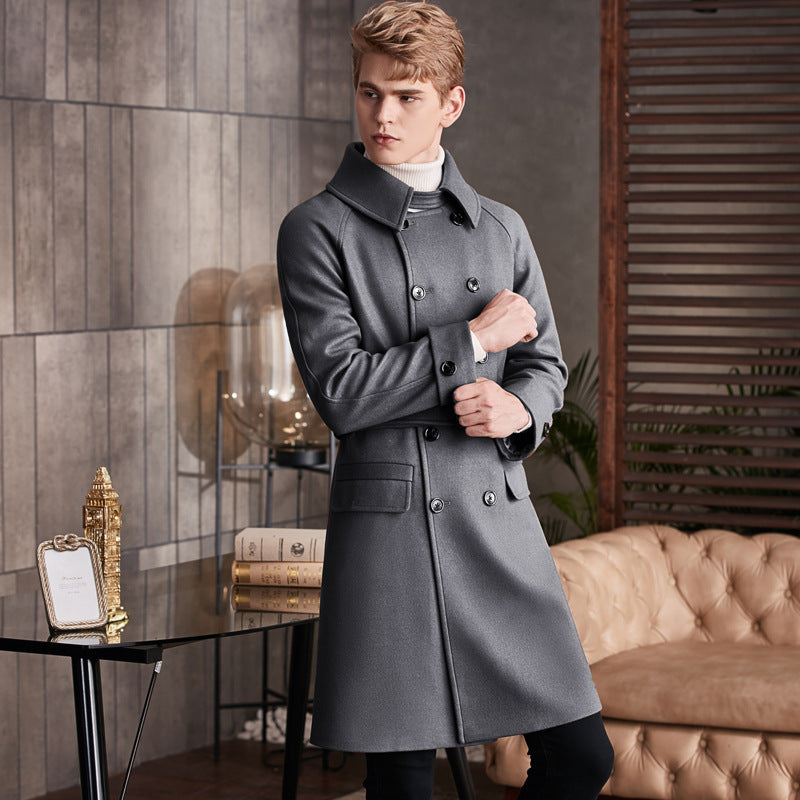 Men's New Long Knee Length Woolen Coat Grey 0 null