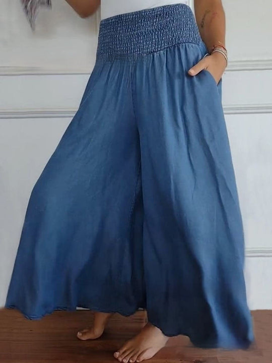 Casual High Waist Smocking Wide Leg With Pockets Denim Women's Pants Navy Blue 0 null