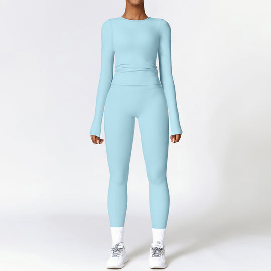 Tight-fitting Brushed Yoga Suit Quick-drying Fitness Clothes Fitness Long Sleeve Tracksuits Sports Suit Gym Top High Waist Leggings Women Sets Yoga Set Sky Blue Women Clothing Zimivas