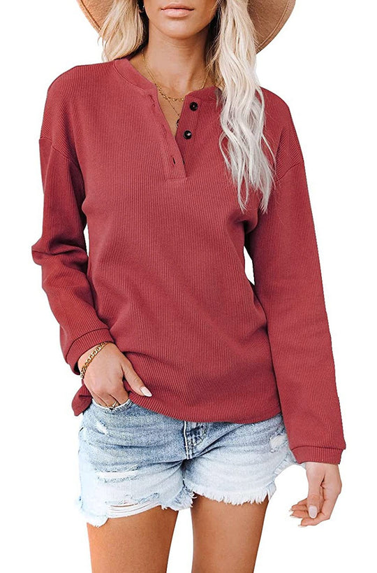 V-neck solid color long sleeved top T-shirt for women red eprolo