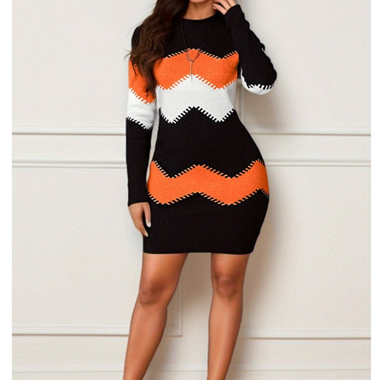 Mid length short skirt round neck long sleeved printed knitted buttock wrap dress orange eprolo