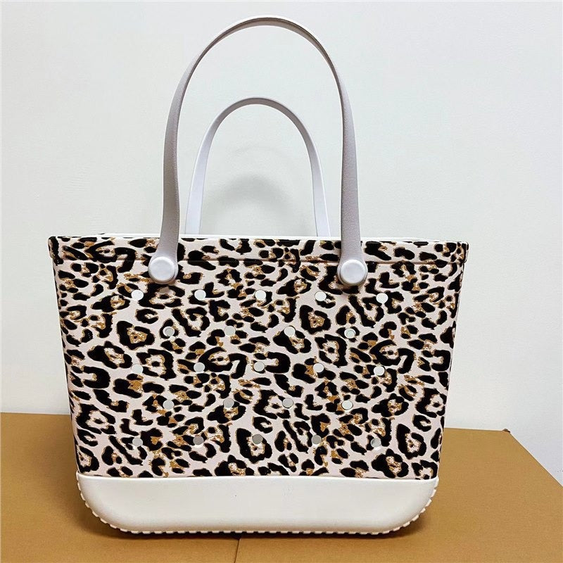 Dongdong Beach Storage Bag Handbag Printed EVA Outdoor Basket Pet Bag White background leopard print Medium size (38 * 32 * 13) eprolo