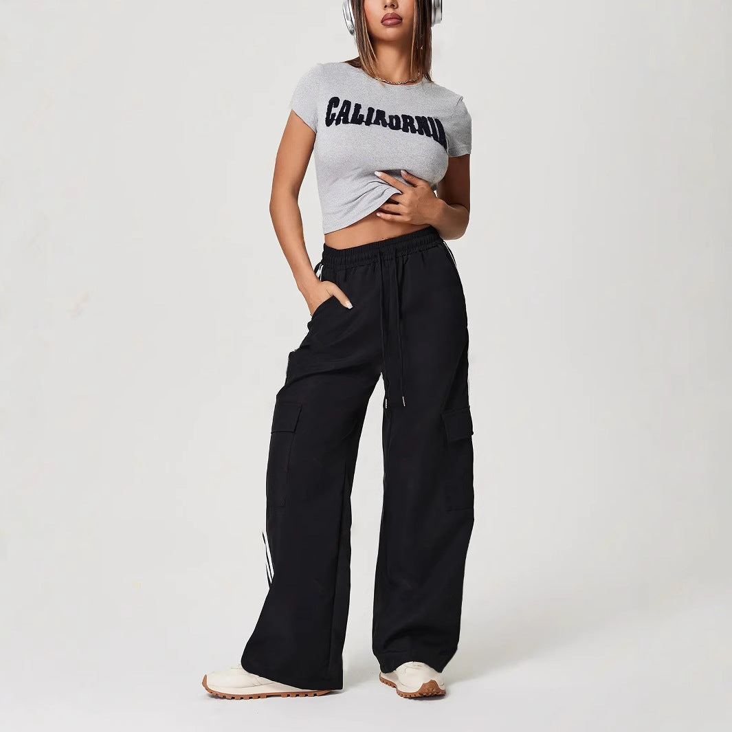 Striped Elastic Waist Drawstring Sports Loose Trousers 0 Zimivas