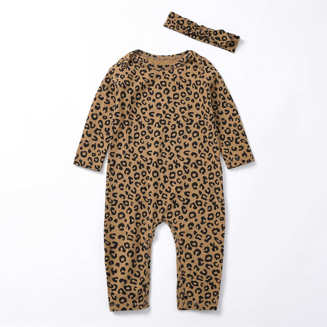 Baby Leopard Print Cotton Long-sleeved Jumpsuit Open-end Romper Brown Leopard Print 0 Zimivas