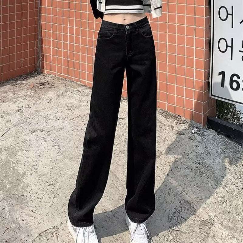 High Waist Wide Leg Jeans Slim Mop Straight Retro Hanging Black Straight 0 Zimivas