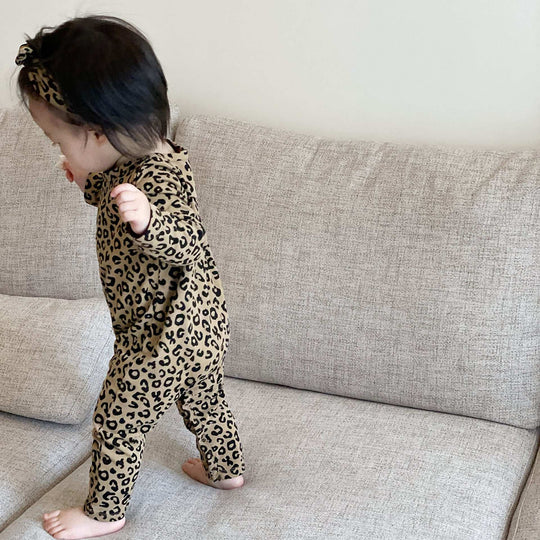 Baby Leopard Print Cotton Long-sleeved Jumpsuit Open-end Romper 0 Zimivas