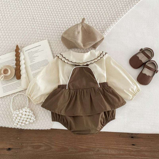 Girls' Long-sleeved Suspender Romper Doll Collar Shirt Jumpsuit Suit 0 Zimivas