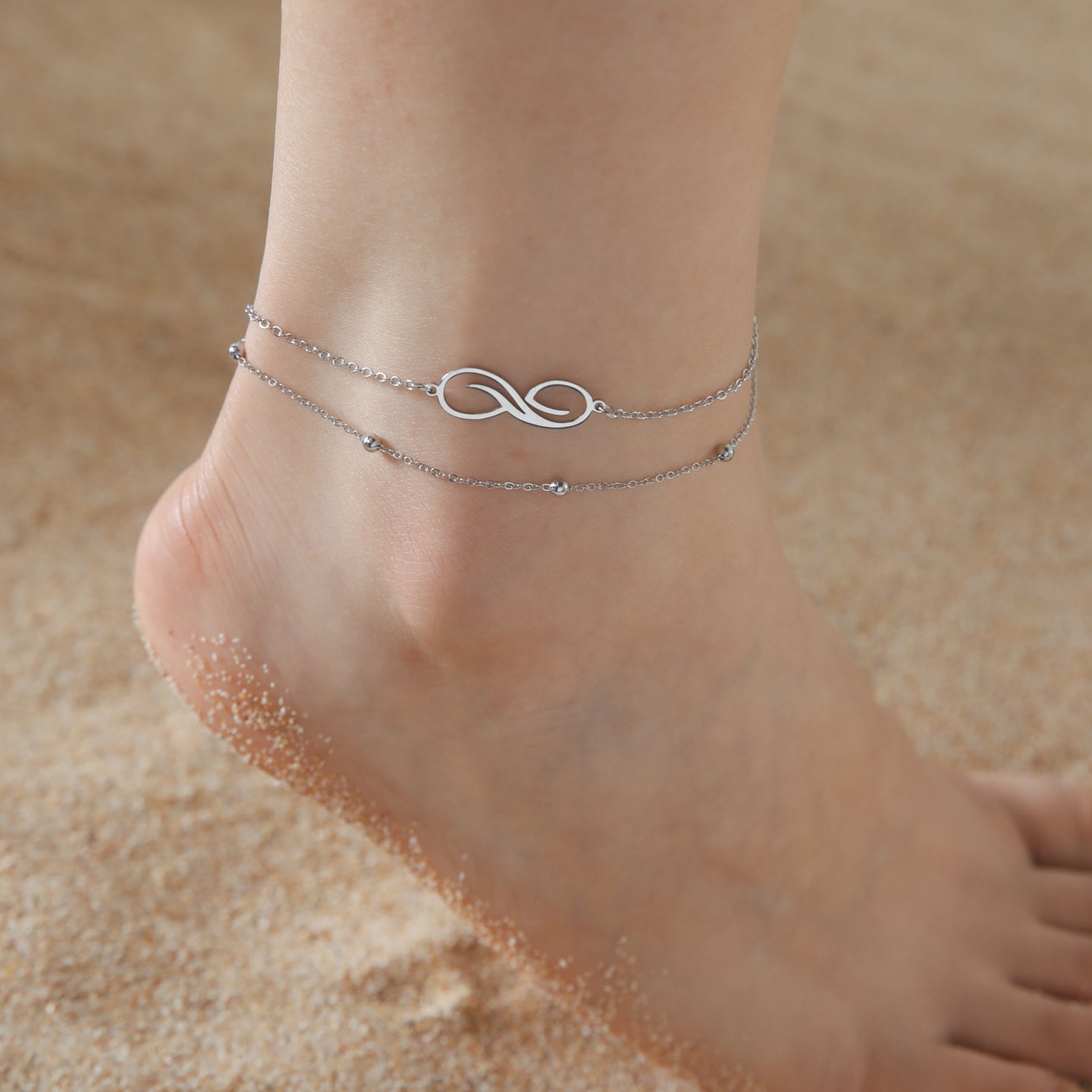 Women's Bohemian Infinite Symbol Anklet Stainless Steel Double Layer Bead Necklace Beach Anklet 0 null