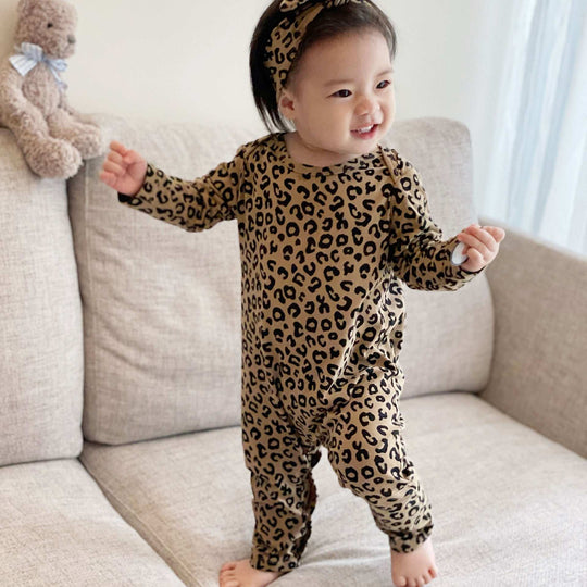 Baby Leopard Print Cotton Long-sleeved Jumpsuit Open-end Romper 0 Zimivas