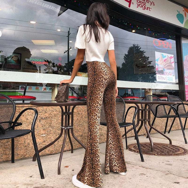 Women's High Waist Casual Pants Fashion Slim Leopard Print Bell-bottom Pants 0 Zimivas