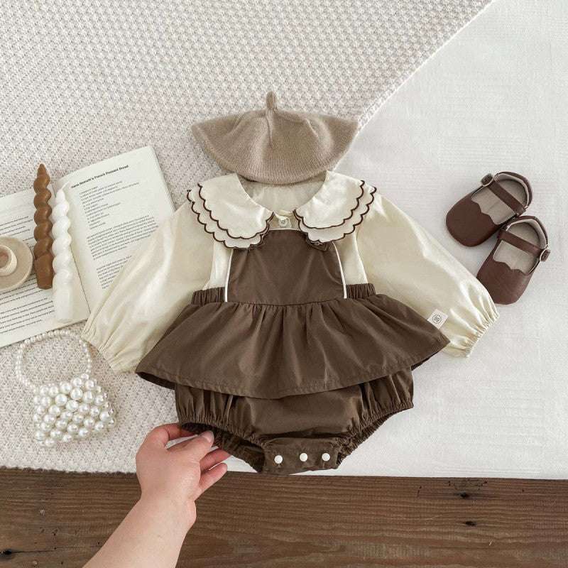 Girls' Long-sleeved Suspender Romper Doll Collar Shirt Jumpsuit Suit 0 Zimivas