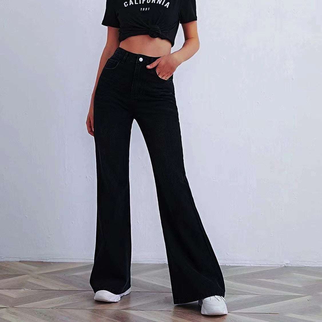 High Waist Wide Leg Jeans Slim Mop Straight Retro Hanging Black Weila 0 Zimivas