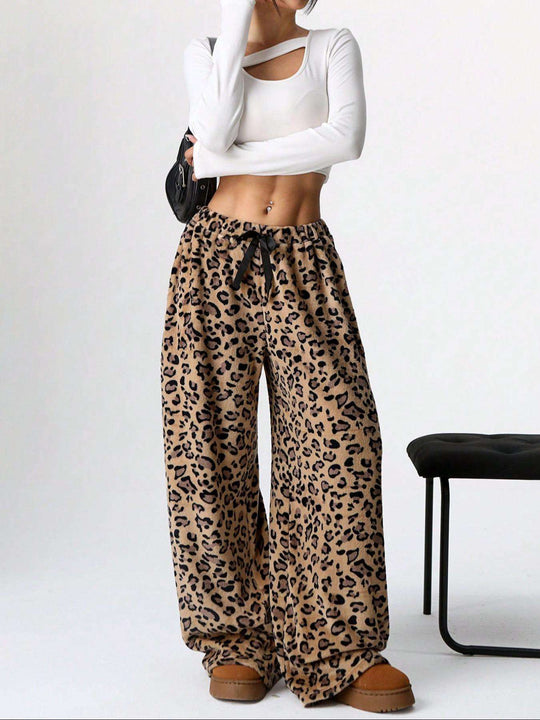 New Casual Pants Leopard Print Wide Leg Pants Ochre Brown Women Clothing Zimivas